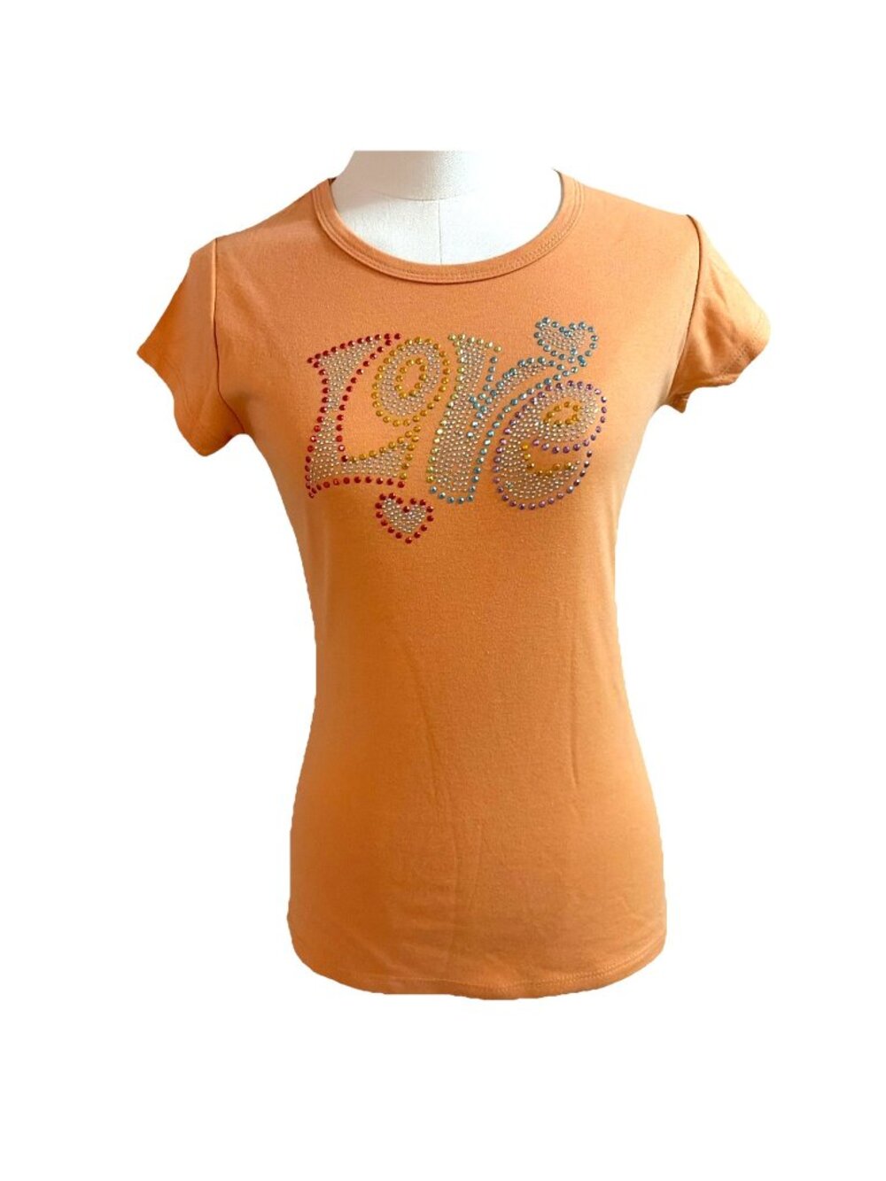 Vintage Y2K Sequin Bling Tee Shirt Womens Small Peach “LOVE” Long Line Bedazzled